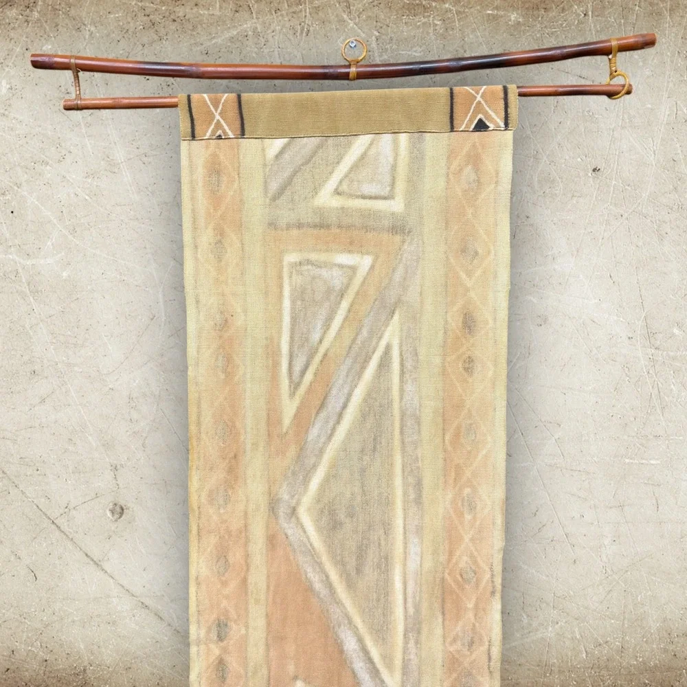 African Mud Cloth Wall Hanging Geometric Hand Painted Textile Art w/ Bamboo Rod